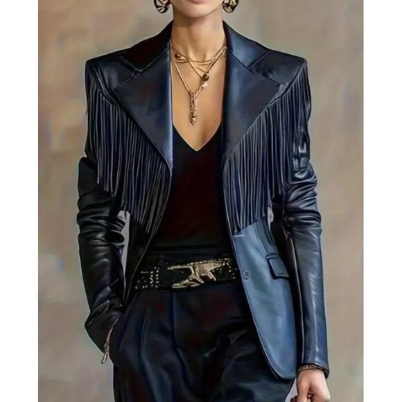 Oyrosy Womens Large Genuine black fringed Jacket Blazer Casual - Picture 1 of 11